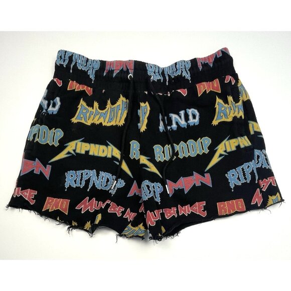 RIPNDIP Mens MEDIUM Black Rock N Nerm All-Over Print CUT-OFF SWEATPANTS *Read* - Picture 1 of 7